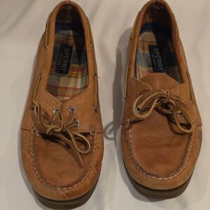 SPERRY Womens Brown Suede Boat Shoes with Lace Detail